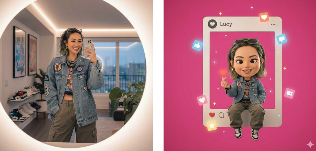 Transform the person in the image into a 3 D chibi style character perched on the edge of a giant Instagram frame