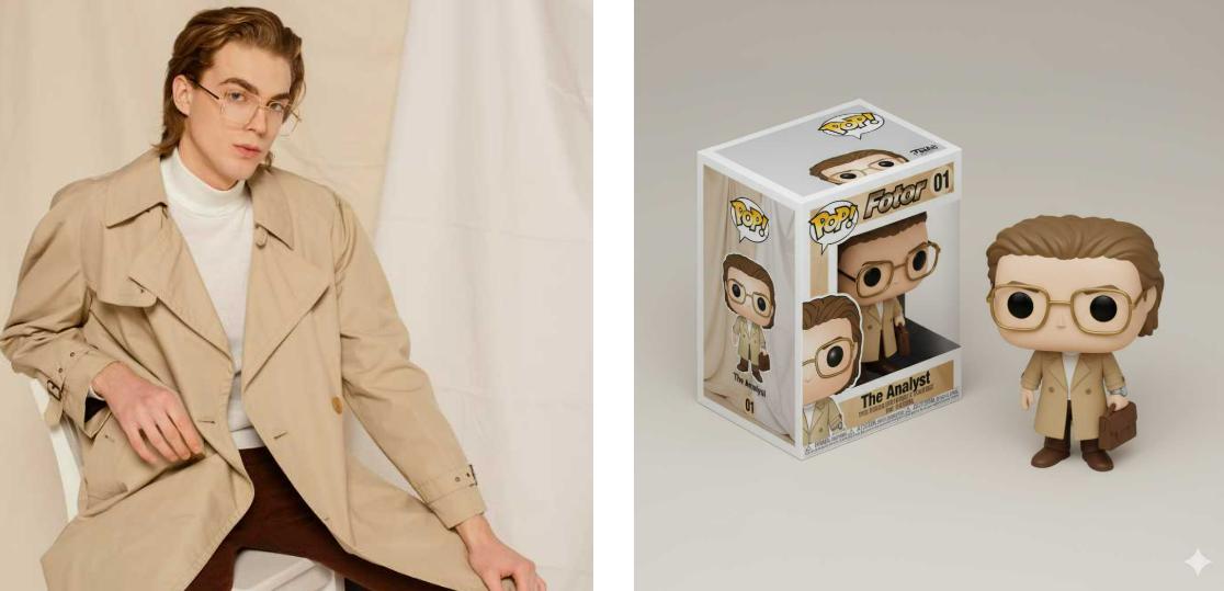 Transform the person in the image into a funko pop figure and present it together with the blind box packaging