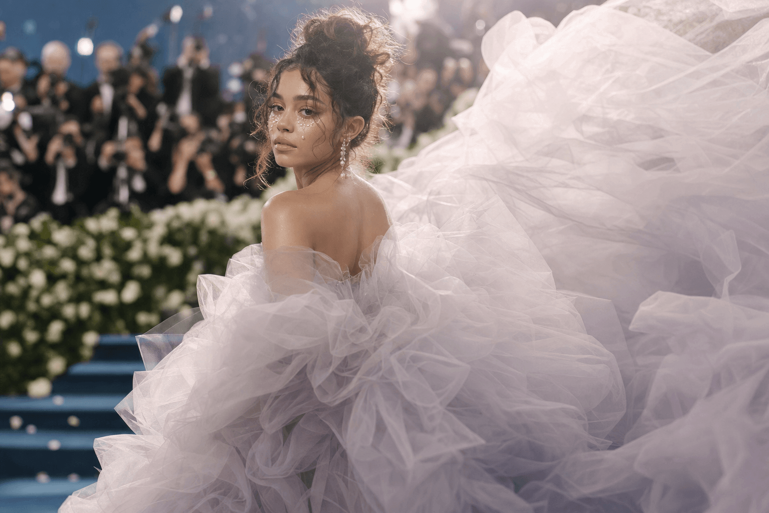 A cloud princess in a tulle gown with pearl tears on the met gala red carpet