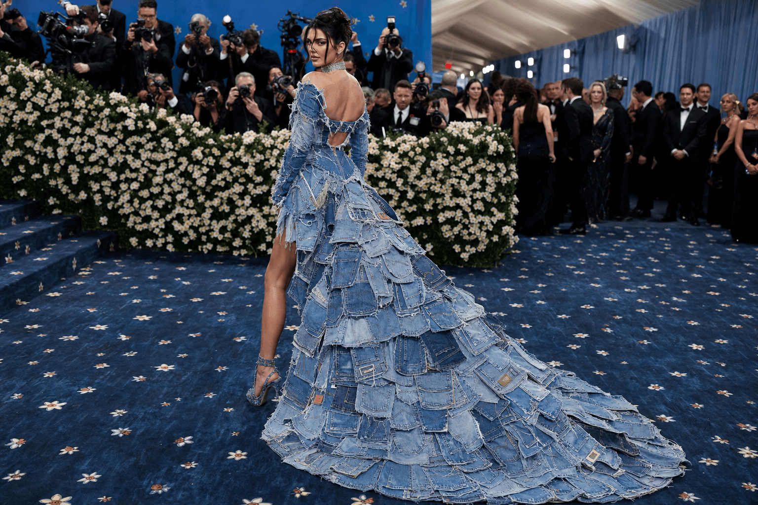 A denim deity in a reconstructed jean pocket gown on the met gala red carpet