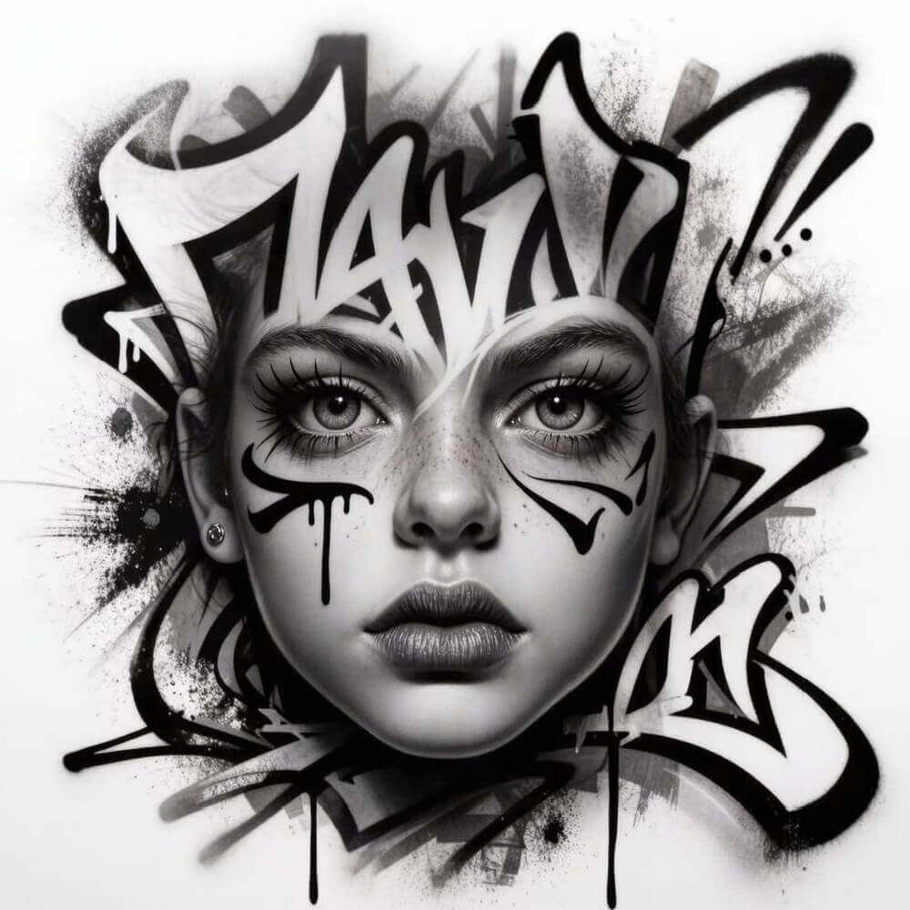 A graffiti style woman tattoo