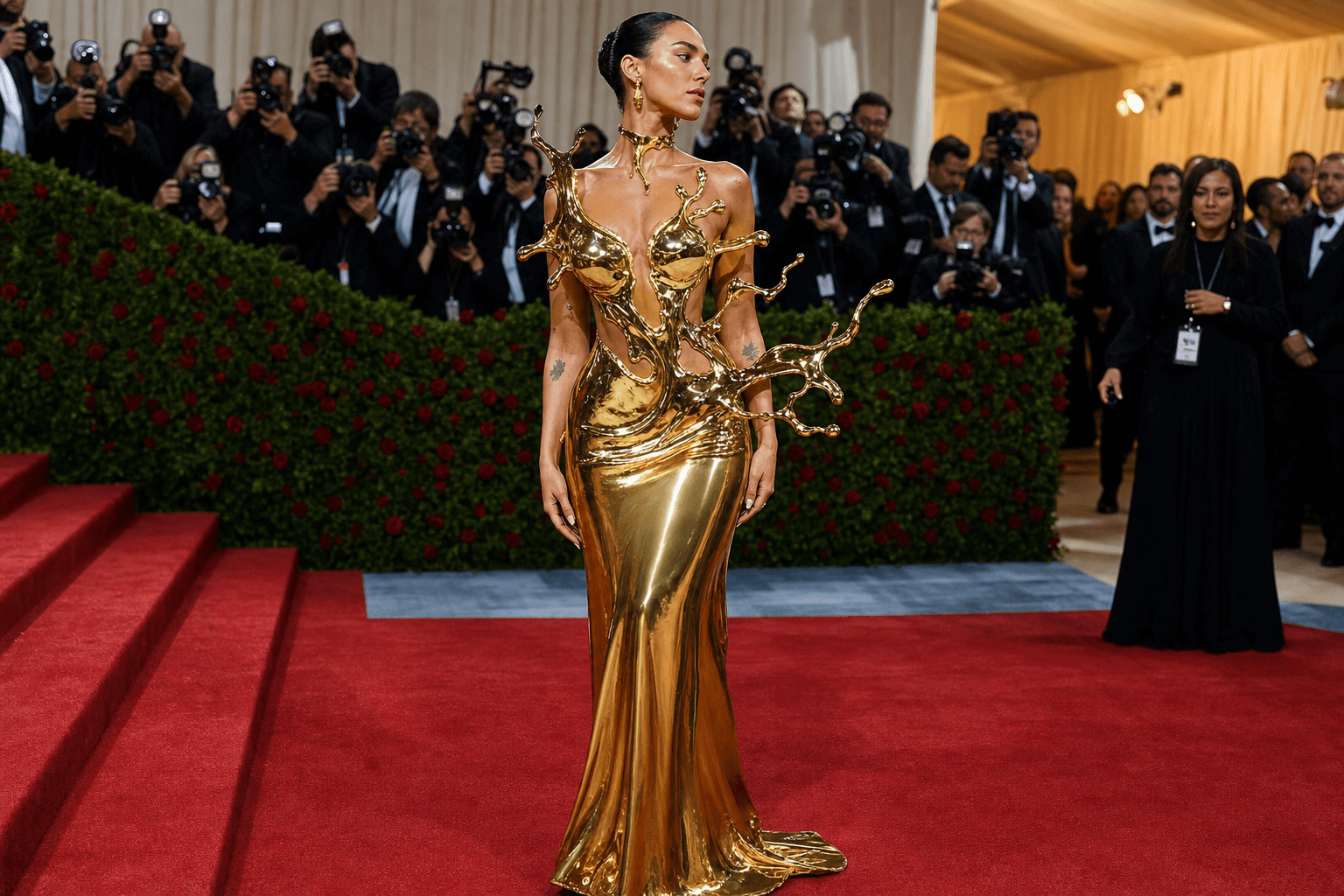 A molten gold drip look on the met gala red carpet