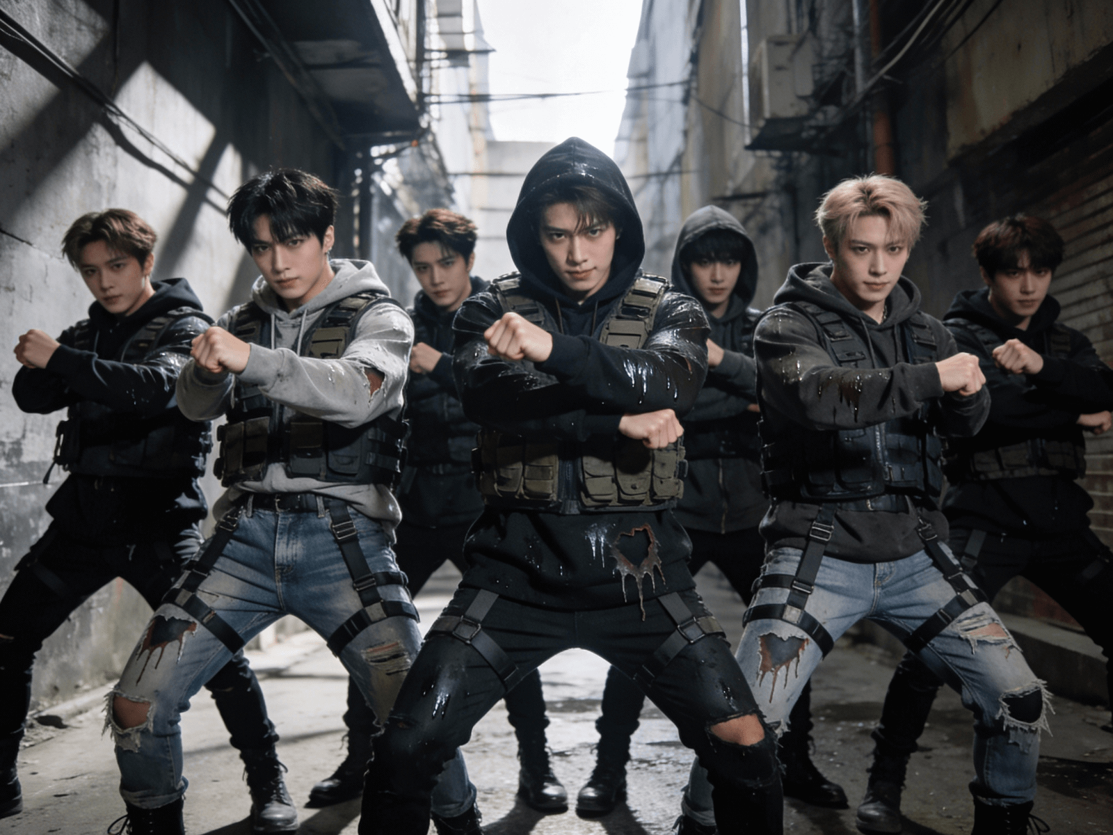 A streetwear style kpop boy group inspired by stray kids