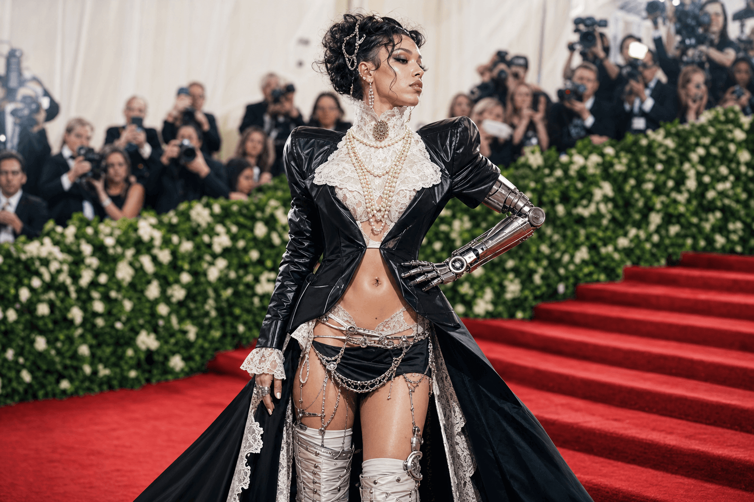 A time traveler blending four fashion eras on the met gala red carpet