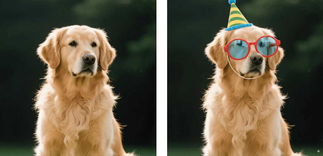 Add a photo and a hat to the golden retriever in the image