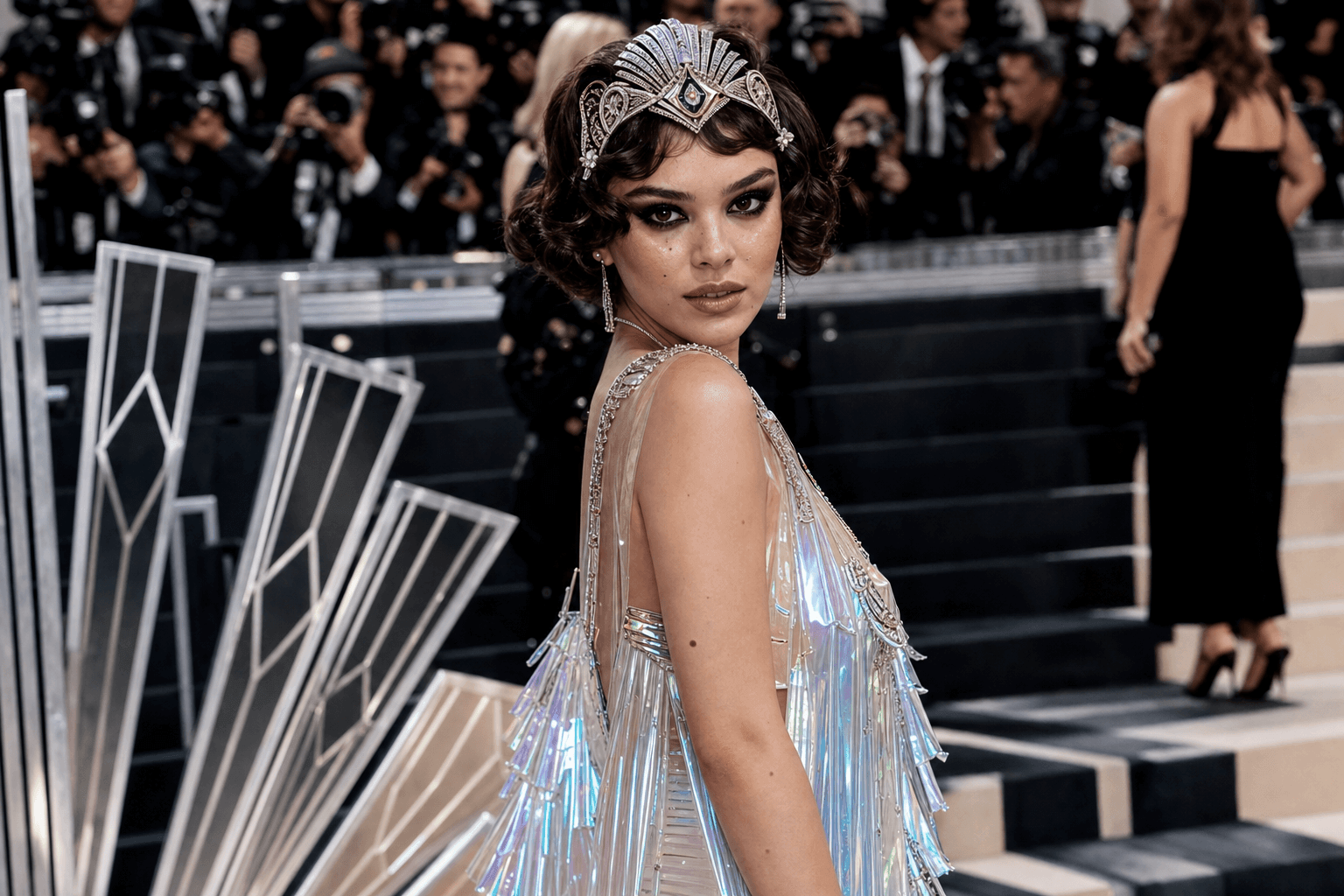 An art deco vamp in iridescent pvc on the met gala red carpet