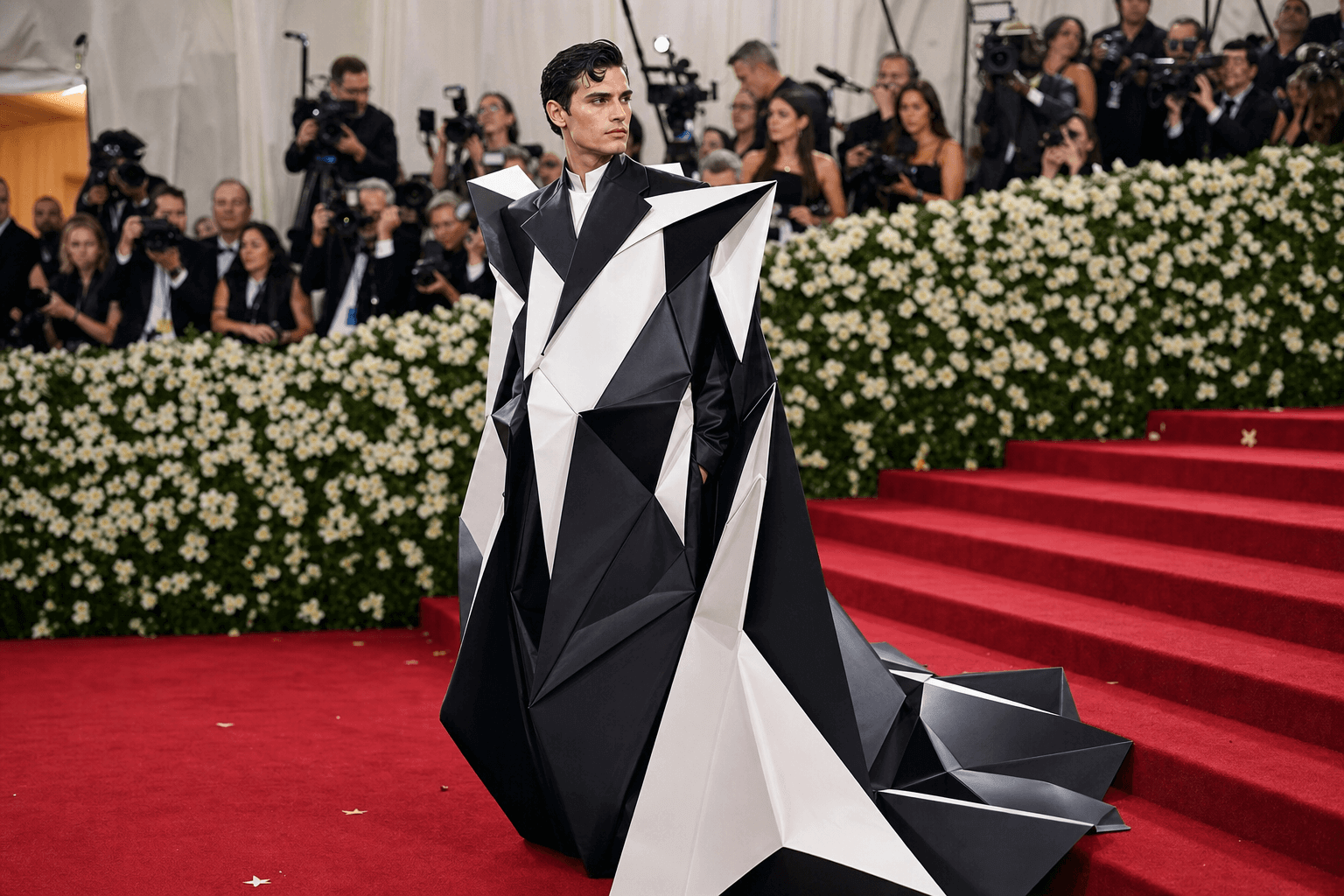 An origami warrior in an angular black and white cape on the met gala red carpet