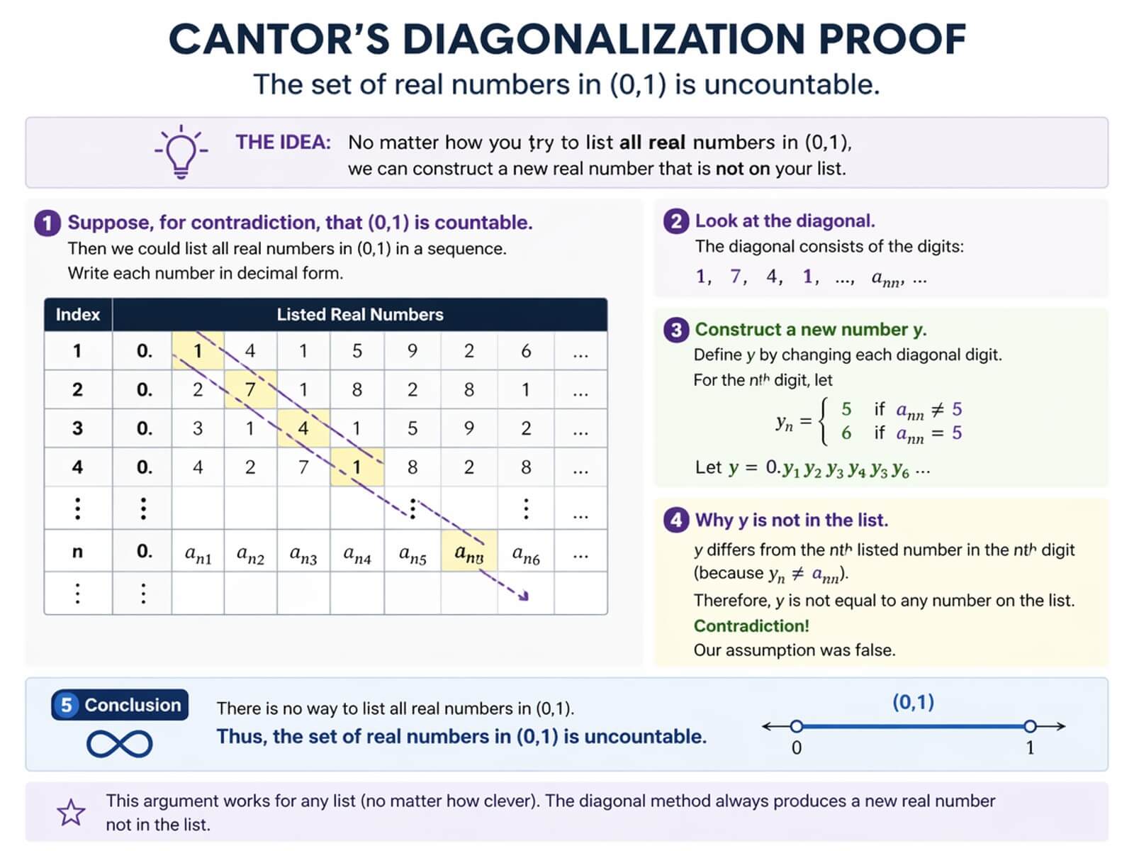 Cantors diagonalization proof infographic generated with gpt image 2 on clipfly