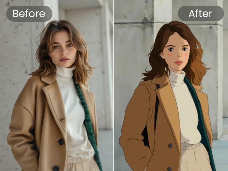 Creative image style transfer featuring converting a woman portrait into a ghibli cartoon