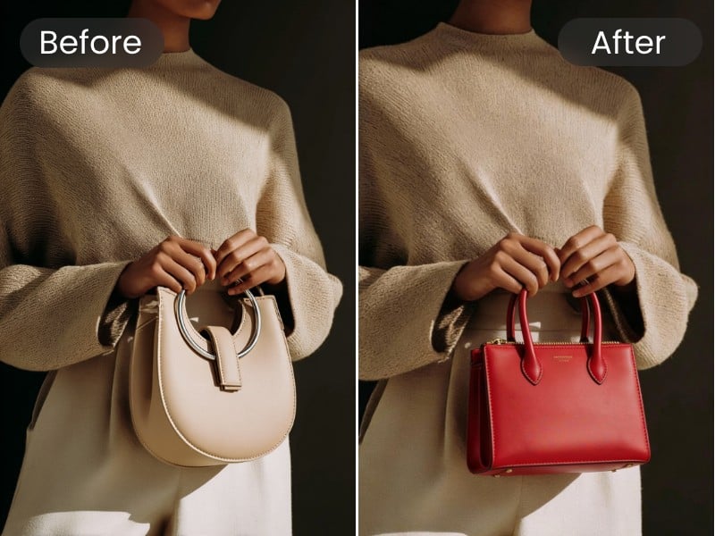 Replace a biege bag in a picture with a red bag