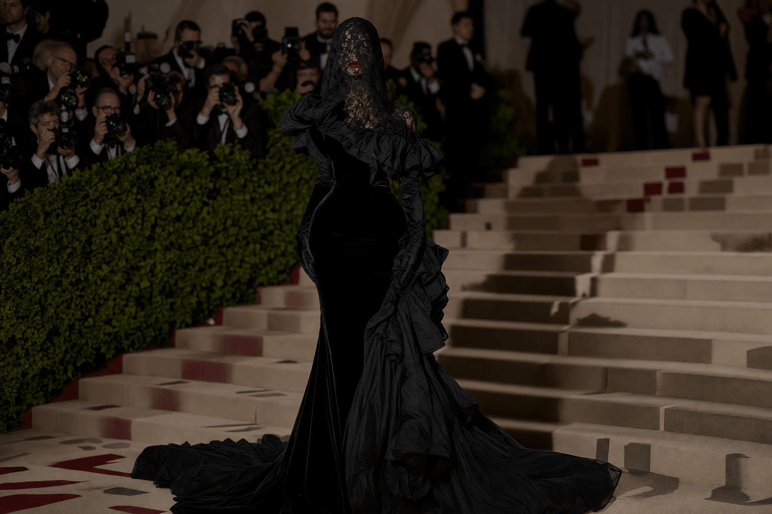 The new noir in a black velvet gown with a lace veil on the met gala red carpet