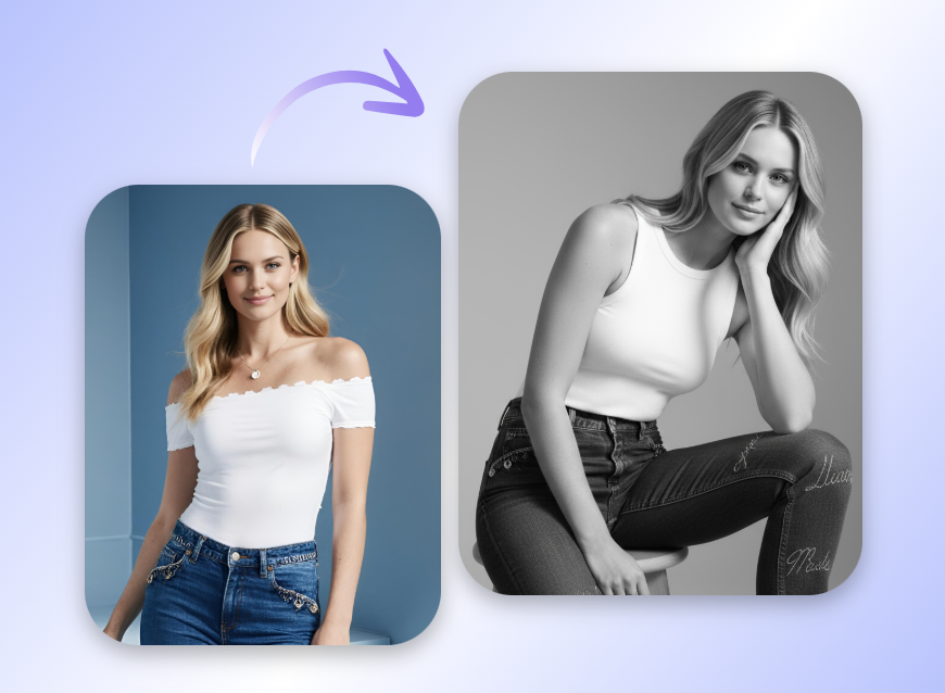 Generate a monochrome portrait for the woman in a tank top and jeans