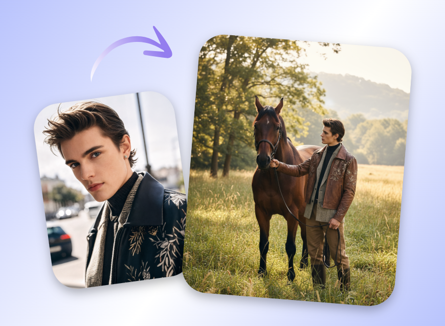 Fashion shoot of a handsome man in a leather jacket standing next to a horse in a sunny meadow