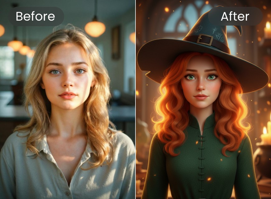 Mit dem Hexenfilter von Clipfly wird aus einem originellen Porträt eine 3D-Cartoon-Hexe erstellt