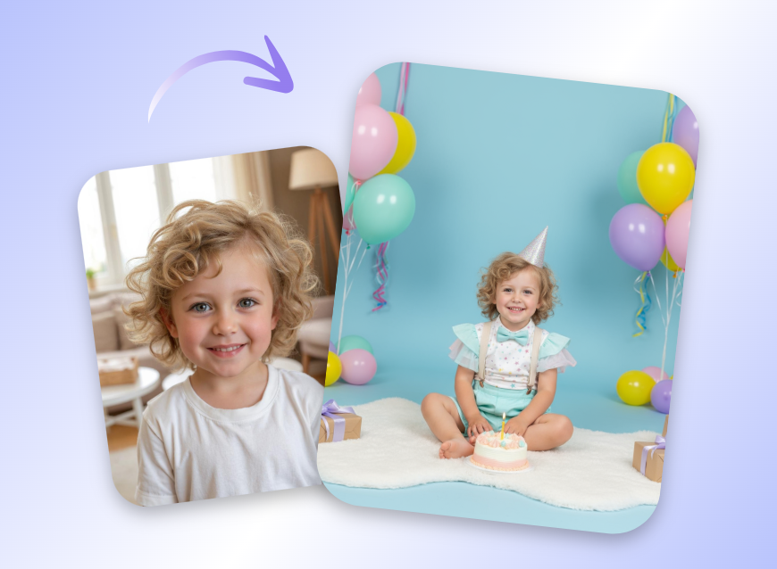 Make a colorful birthday scene for the child in festive attire balloons and a cake