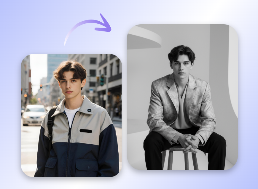 a black and white studio portrait in a suit for the man sitting on a stool