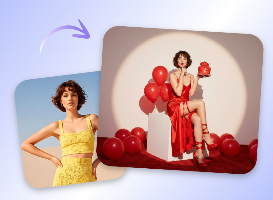 Use the uploaded image to make studio portrait in a red corset dress surrounded by red balloons