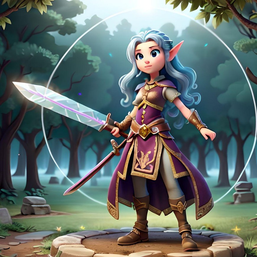 A 3d blue haired pointy eared elf warrior in purple holding two swords