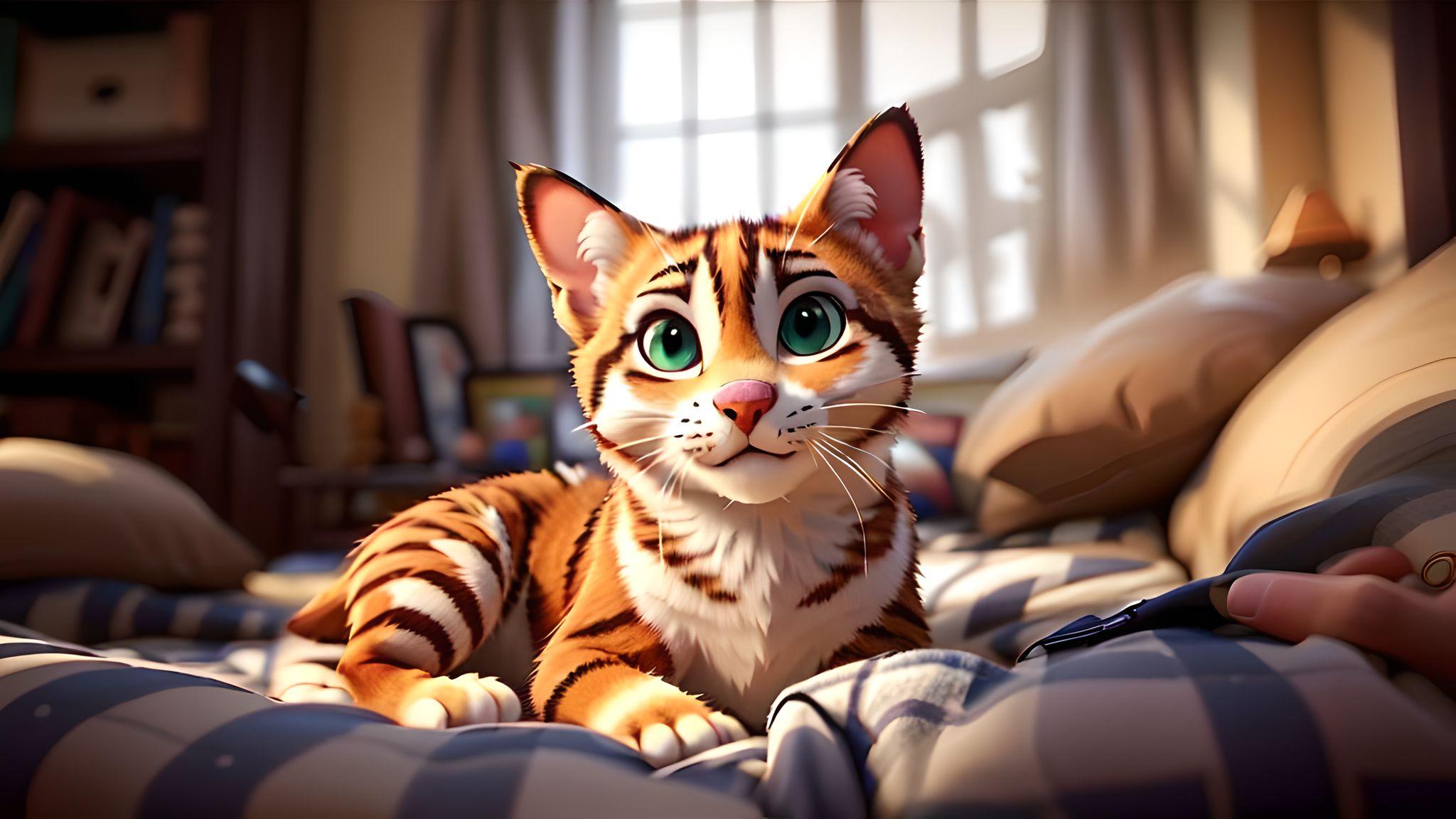 A cartoon brown striped kitten lying on a bed with a checkered bed sheet in the bedroom with the owners hand next to it