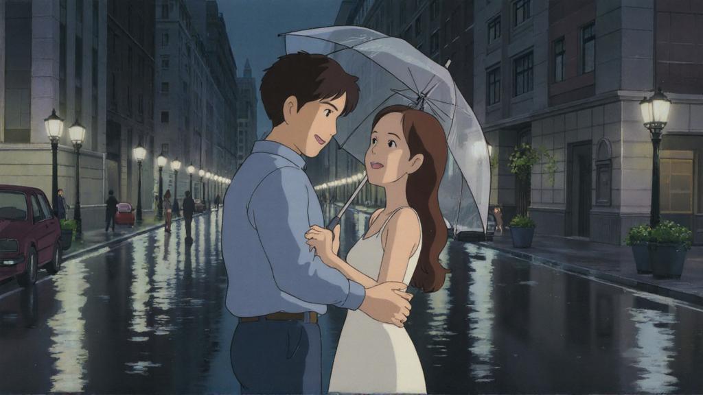 A ghibli style image of a couple holding a transparent umbrella and chatting happily on the rainy street