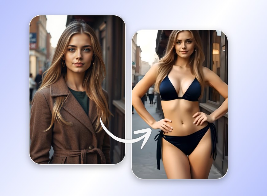 A girl in a coat dressed up in a black bikini