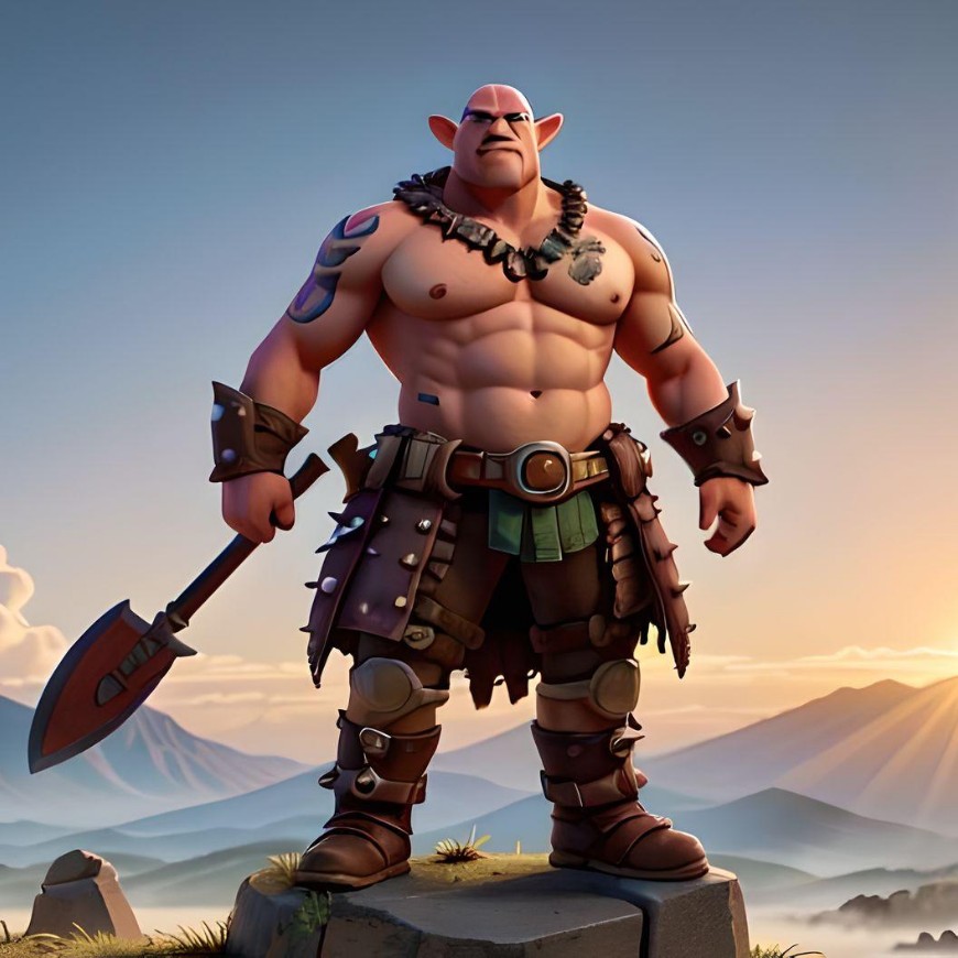 A tribal muscular 3d warrior with a shovel in his hand