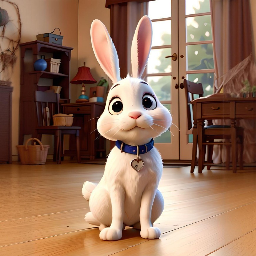 A white rabbit with a blue collar sits on the floor of a cozy cottage