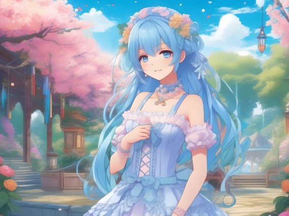 AI anime girl with blue hair and a floral dress