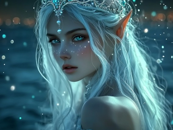 AI fantasy illustration of an elf woman with silver hair and glowing eyes