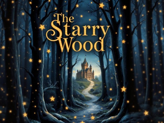 AI generated fantasy book cover design with The Starry Wood text