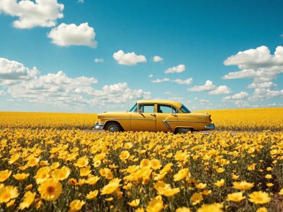 AI generated landscape with a vintage yellow car in a scenic flower field