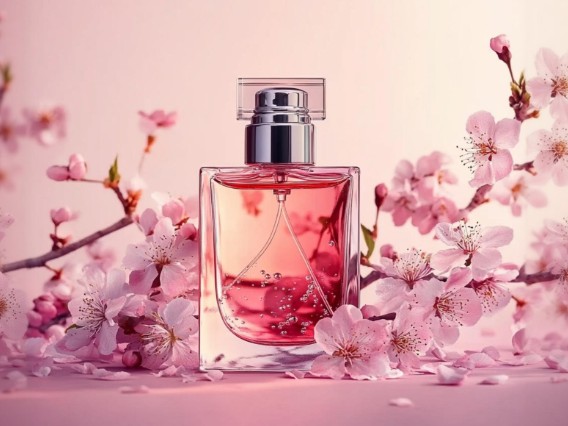 AI generated product image of a perfume bottle with cherry blossoms created using text to image AI