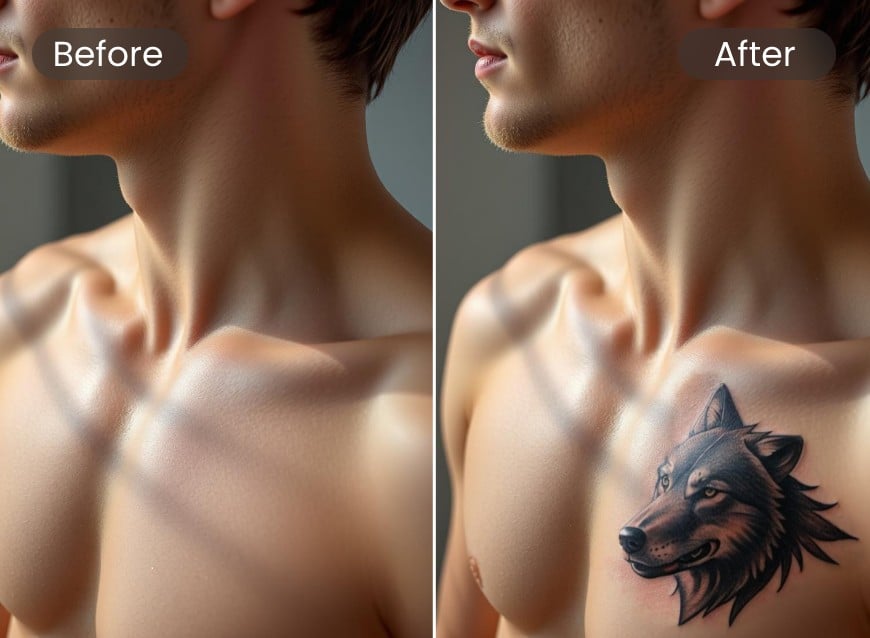 Adicione uma tatuagem de uma cabeça de lobo preto no peito de um homem com substituto de IA