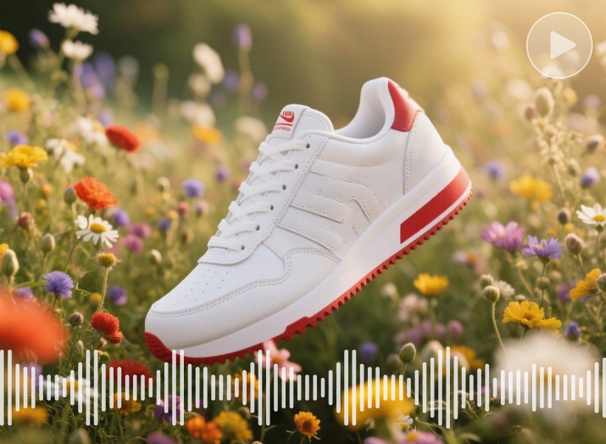 Add audio to a product image of a white and red shoe
