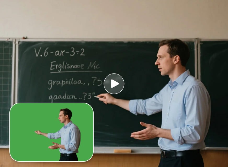 Add the math class blackboard image to the green screen video of a male teacher in blue shirt