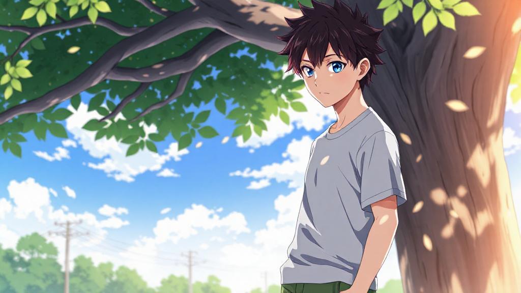 An anime image of a boy wearing a grey short sleeved shirt short black hair and blue eyes stands under the shade of a big tree with his hands in his trouser pockets
