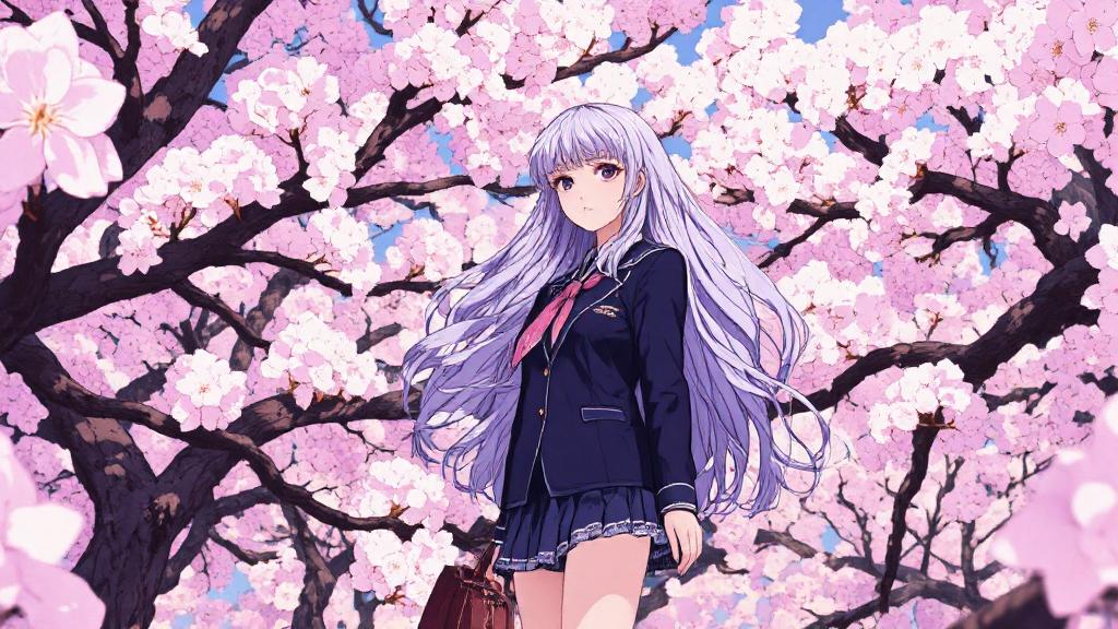 An anime photo of a girl with long purple hair in a black school uniform stands under a blooming cherry tree