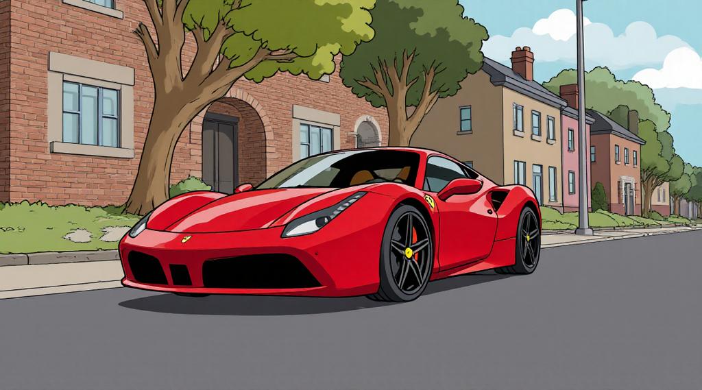 An anime photo of a red sports car parking on the street outside the community