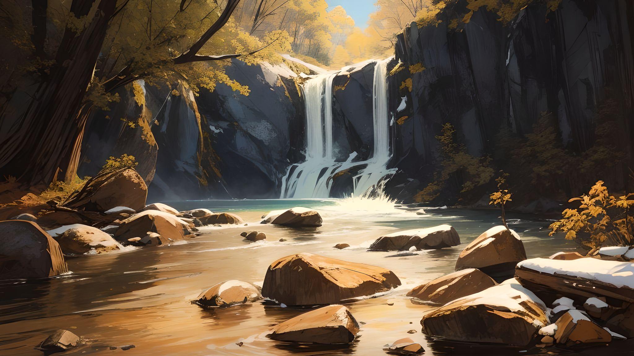 An anime picture of a small lake under a remote waterfall with many stones and big trees beside the lake