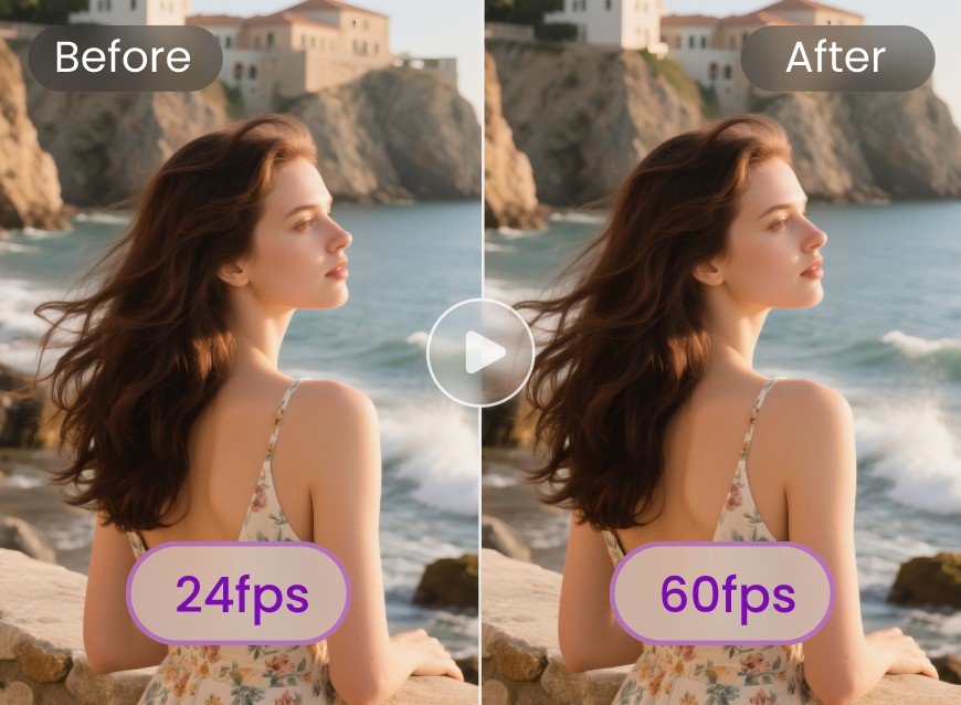 Change the frame rate of a video of a girl blowing in the wind at the beach from 24fps to 60fps to make it smoother