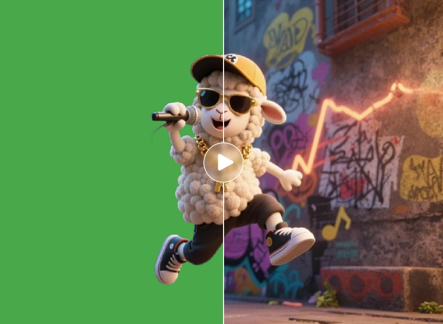 Change the green screen background of a singing sheep meme to a street scene