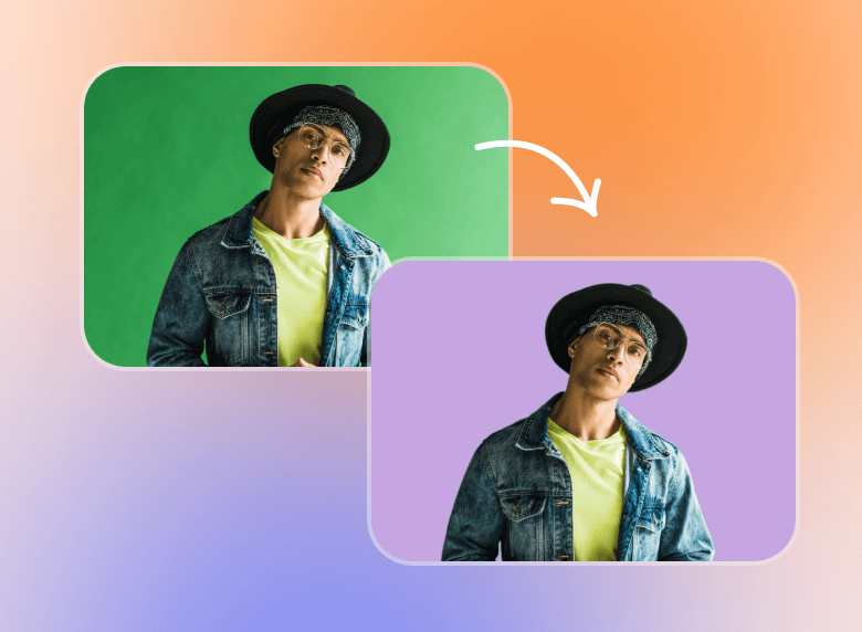 altere o fundo verde do homem usando chapéu para um fundo roxo claro