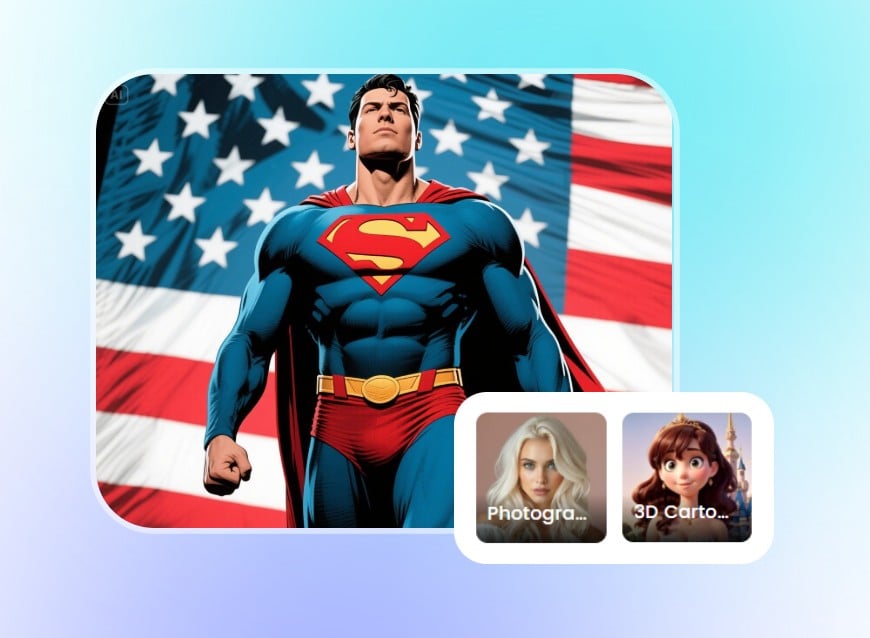 Choose the realistic style and generate an image of the superman standing under the American flag