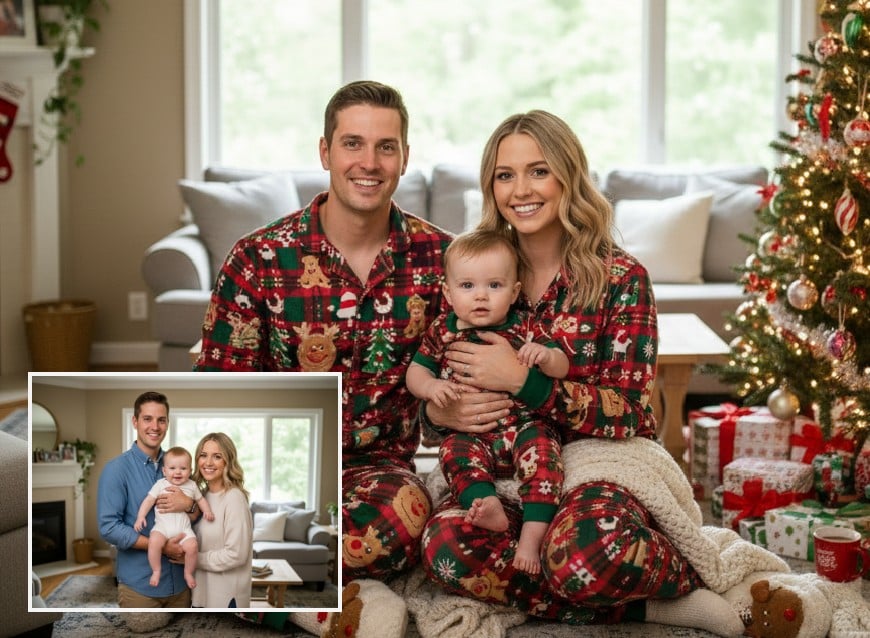両親と赤ちゃんの写真にクリスマスパジャマフィルターを適用した写真加工例