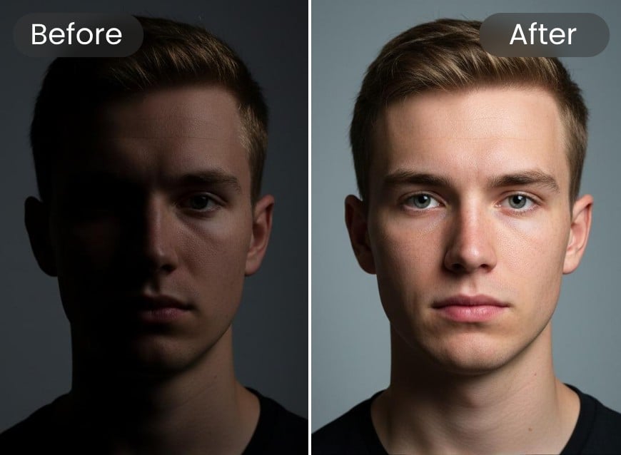 Clifply AI lighting changer comparison for a man face