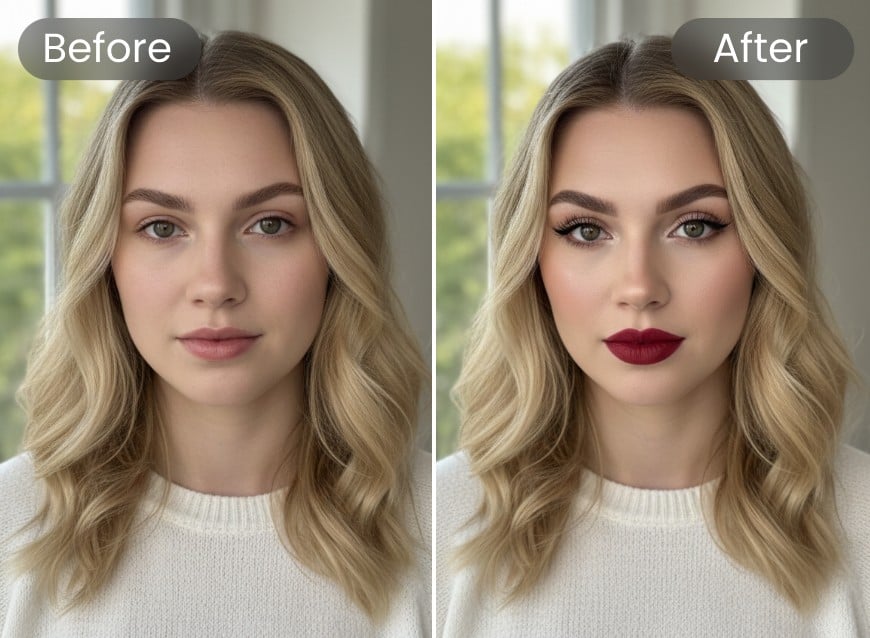 Clifply AI makeup changer comparison for a woman face