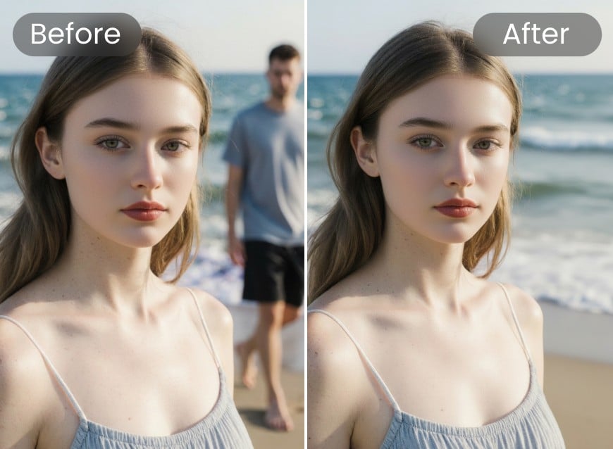 Clifply AI object remover comparison effect for a woman selfie
