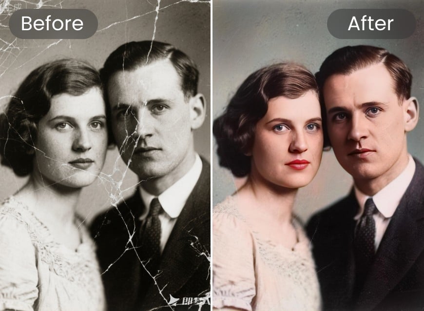 Clifply AI photo restoration comparison for a couple face