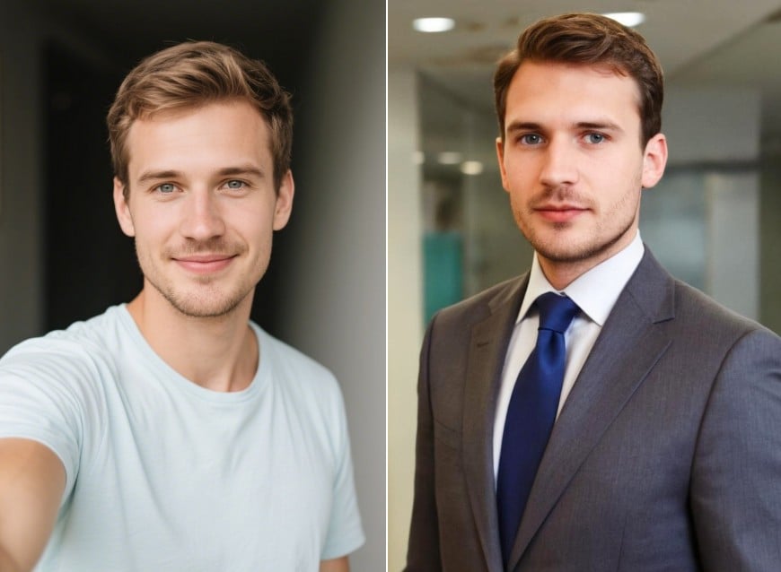 Clipfly AI headshot generator effect featuring a man in suit