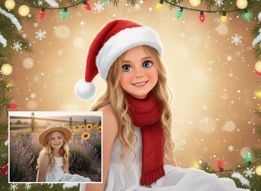 女の子をイラスト化するclipflyクリスマスカートゥーンフィルター